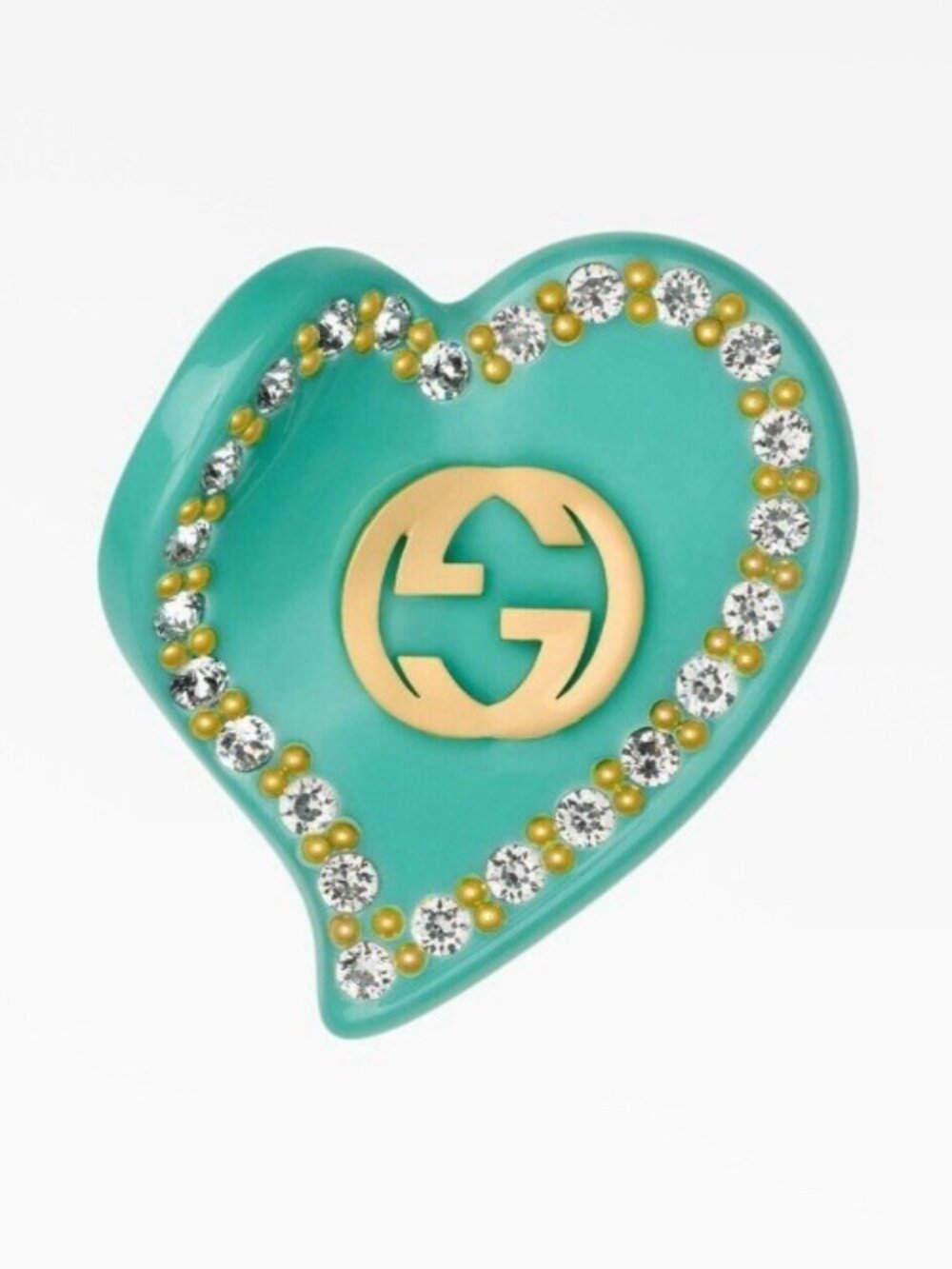 NEW Gucci Heart Shaped Hair Clip with Intertwined G's Blue Green Crystal